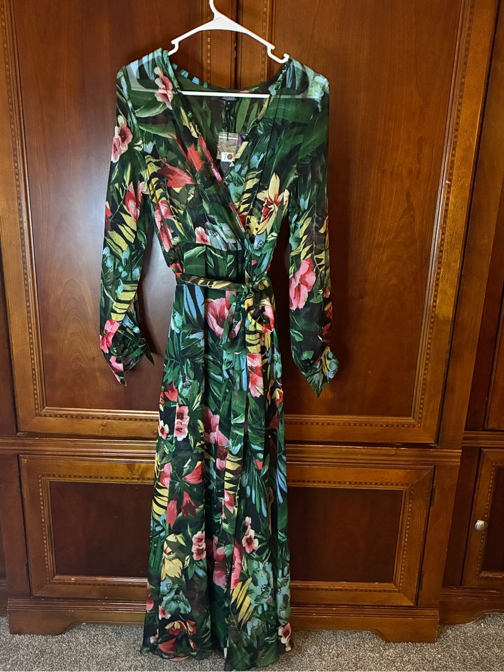 Spy Zone Exchange Small Jungle Floral Wrap Maxi Dress Green Tropical Long Sleeve